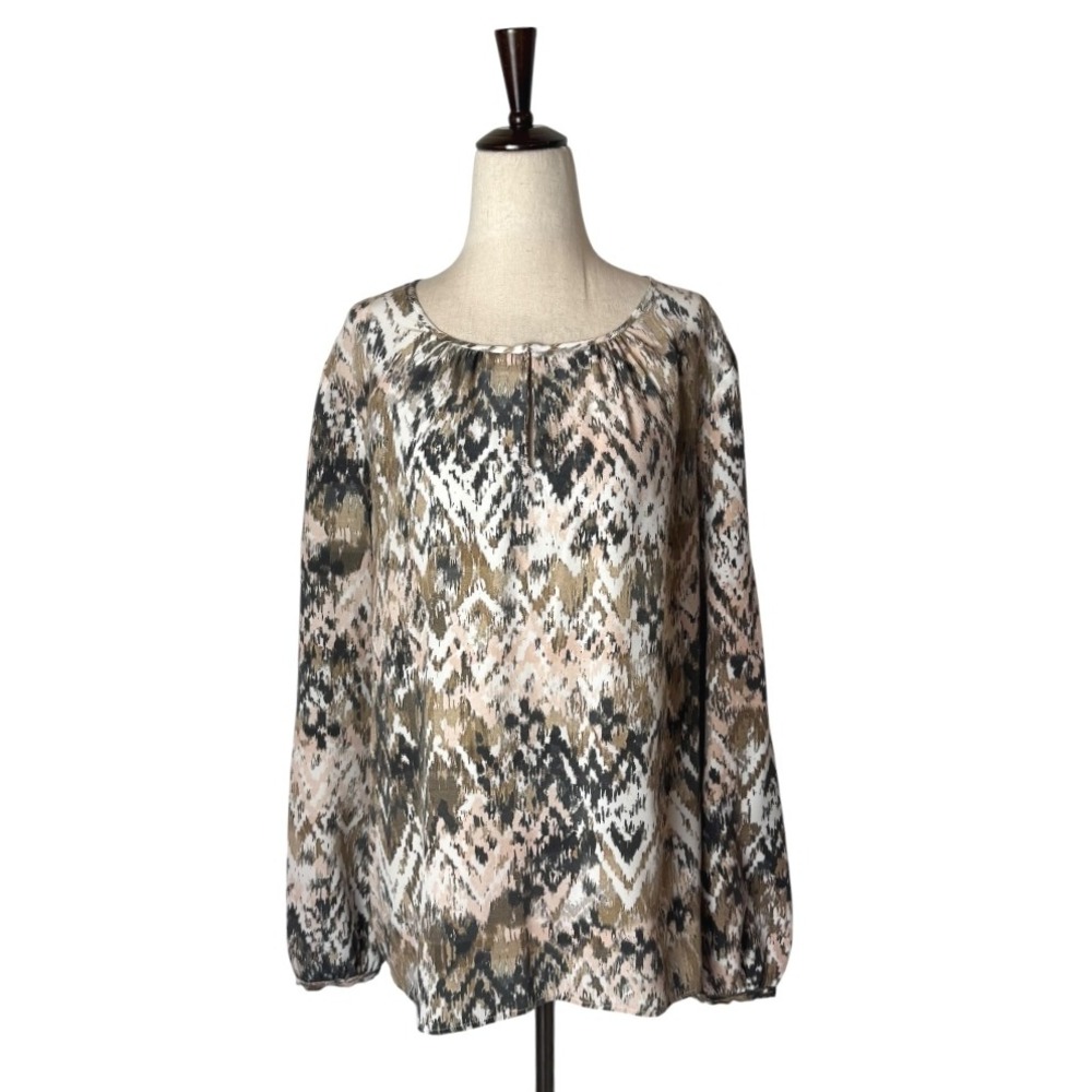 Ecru Shirt Women Large‎ Ivory Geometric Silk Long Balloon Sleeve Blouse Silky